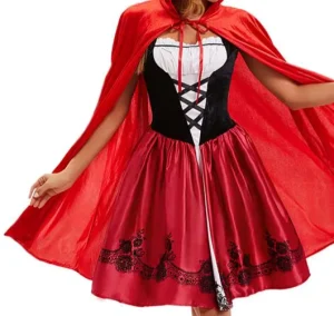 Women’s Red Hood Anime Cosplay Costume Halloween Cape Dress Lace-Up Corset Princess Outfit Fantasy Role-Play Set