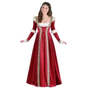 Women’s Renaissance Court Costume Red Velvet Dress Lace Trim Medieval Theater Performance Gown