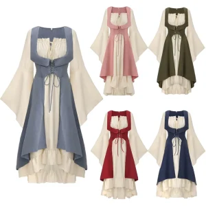 Women’s Renaissance Medieval Dress Sweetheart Neckline High-Low Pirate Costume Two-Piece Set