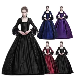 Women’s Retro Square-Collar Lace Princess Party Dress Halloween Court Cosplay Costume Medieval Stage Wear
