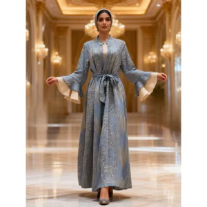 Women’s Robe Cardigan Two-Piece Set Long Dress with Flared Sleeves Embroidered Gold-Thread Lace-Up Gown