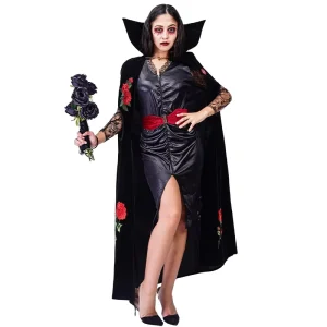 Women’s Rose Flower Printed Black Vampire Dress Halloween Cosplay Costume