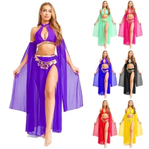 Womens Sexy Belly Dance Outfit Crop Top Shorts Chiffon Skirt Sets Dance Costume for Belly Dance Shows Classes Parties Fitness