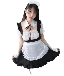 Women’s Sexy French Maid Halloween Costume, Black and White Lace Ruffled Apron Dress