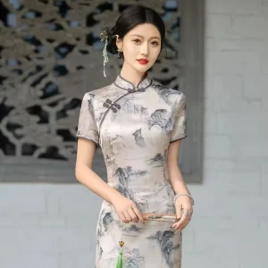 Women’s Short Sleeve Bodycon Figure Hugging Dress Traditional Chinese Costume Print Similar to Cheongsam Tang Suit