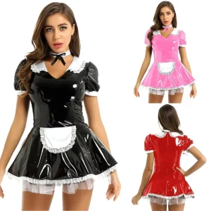 Women’s Short Sleeve Patent Leather Lace-Trim Maid Uniform Costume with Neck Ring
