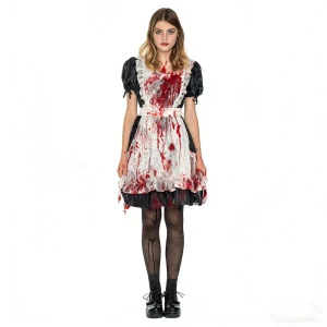 Women’s Short Sleeve Zombie Maid Fancy Dress Halloween Costume