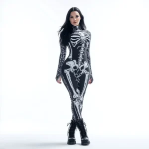 Women’s Skull Skeleton Monster Ghost Costume, Polyester Jumpsuit