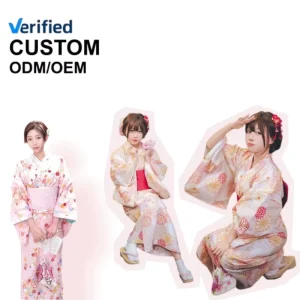 Women’s Traditional Japanese Geisha Kimono Robe Costume Set with Fan and Handbag