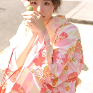 Women’s Traditional Japanese Yukata with White Obi, Photography and Performance Costume