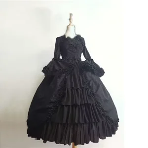Women’s Victorian Lolita Halloween Rococo Damask Dress with Bow Bell Sleeves Ruffled Tiered Skirt Cosplay Party Costume
