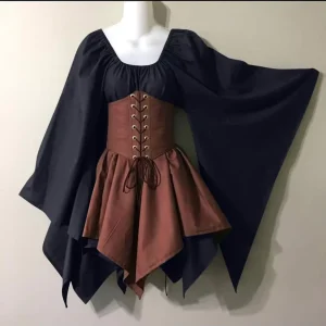 Women’s Victorian Medieval Retro Fairy Elf Costume Dress, Patchwork Party Cosplay