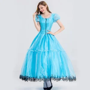 Women’s Vintage Blue and White Pinafore Dress, Classic Lolita Style, with Apron