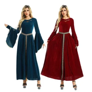 Women’s Vintage Court Medieval Renaissance Dress European Farm Peasant Style Long Flare Sleeve Costume