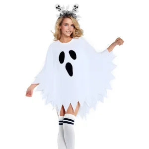 Women’s White Ghost Poncho Costume Set with Skull Headband