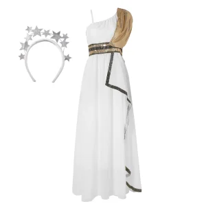 Women’s White Greek Goddess Cosplay Costume for Halloween Parties Polyester Material Fancy Dress with Top Suit