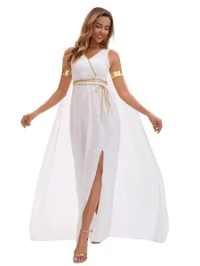 Women’s White Velvet Long Sleeveless Greek Goddess Dress with Cloak