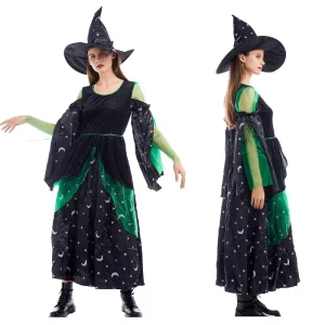 Women’s Witch Costume Moon and Star Dress with Hat Green and Black