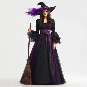 Women’s Witch Costume Set Polyester Dress with Hat Purple and Black Sizes S-XL