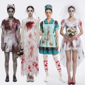 Women’s Zombie Nurse and Bloody Bride Costume Dress with Blood Print