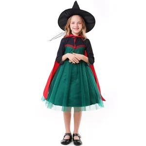 XJ Costume for the fairy Tale Story Queen Cosplay Halloween Witch Character Performance Outfit Dark Green Chiffon Dress