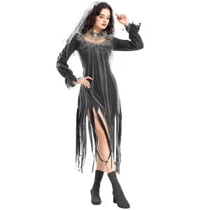 XJHalloween Costume for Adults Female Version Scary Ghost Bride Zombie Dress Black for Role playing Games