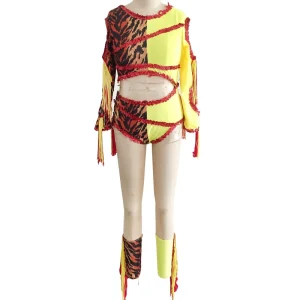Yellow Spandex Dance Leotard Adult Child Latin Sequin Dance Costume Primitive Man Tassel Stage Performance Jazz Dance Wear