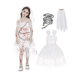 Zombie Bride Stage Performance Costume for Girls Gothic Sleeveless Bloody Dress Set Halloween Cosplay Outfits