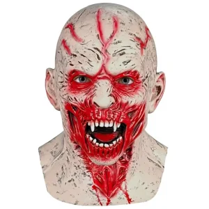 Zombie Head Mask with Red Hair, Evil Clown Design, and Bloody Full-Face Latex Construction